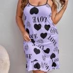 Lavender Heart & LOVE Print Sleeveless Rhinestone Strap Mini Dress