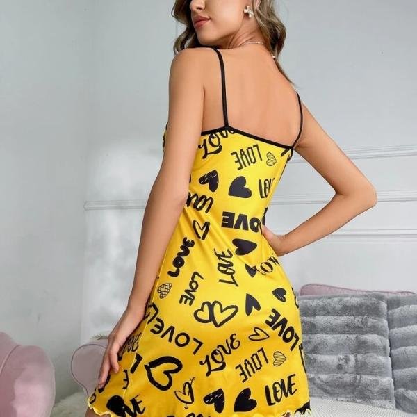 Yellow Love Print Spaghetti Strap Mini Dress