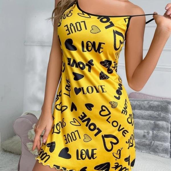 Yellow Love Print Spaghetti Strap Mini Dress