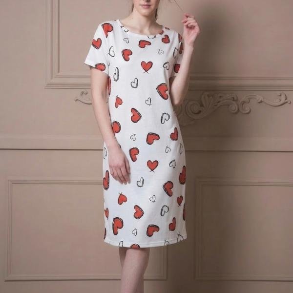 White Heart Print Soft Cotton Short Nighty