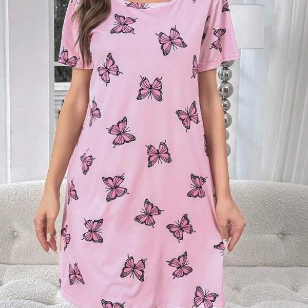 Baby Pink Butterfly Print Bridal Short Nighty