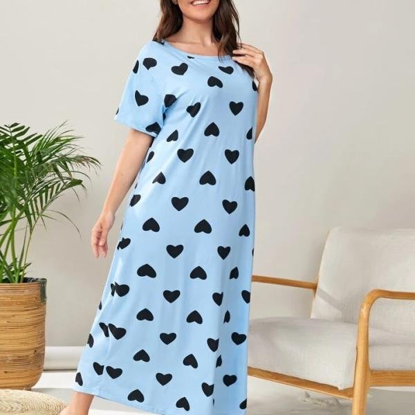 Sky Blue Heart Print Long Nighty Slip