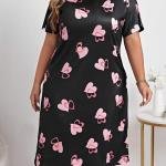 Black & Pink Heart Print Black Short Nighty