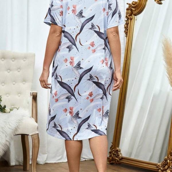 Sky Blue Floral & Butterfly Print Short Nighty Cotton