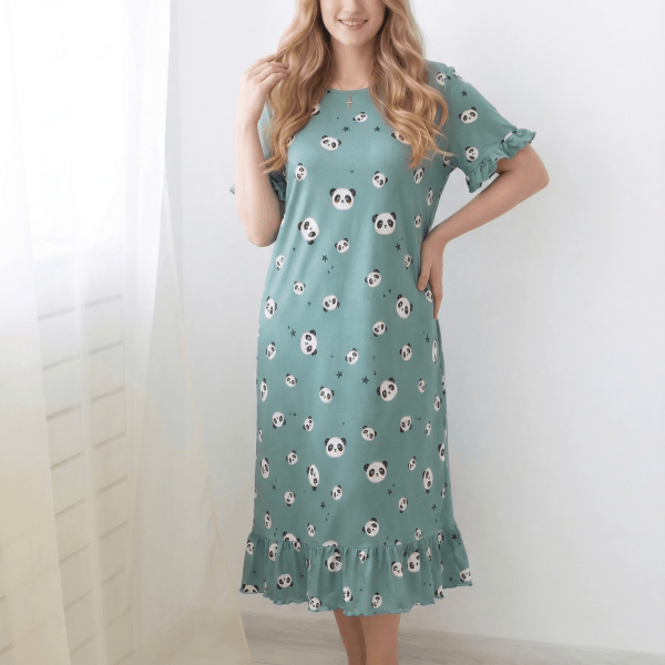 Teal Green Panda Print Satin Long Nighty