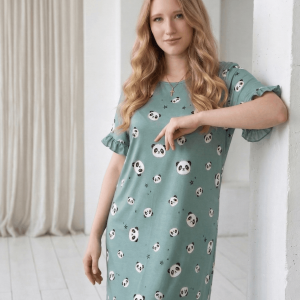 Teal Green Panda Print Satin Long Nighty