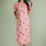 Peach Pink Bunny Print Midi Long Nighty for Women