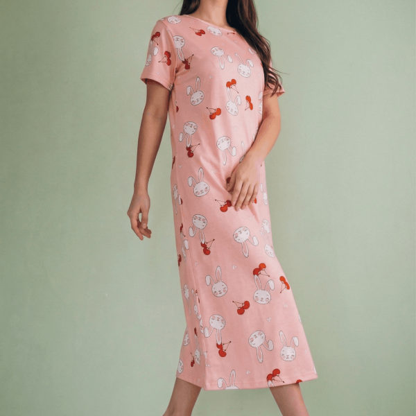 Peach Pink Bunny Print Midi Long Nighty for Women