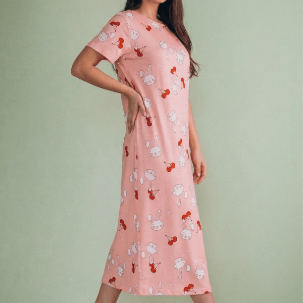 Peach Pink Bunny Print Midi Long Nighty for Women