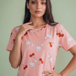 Peach Pink Bunny Print Midi Long Nighty for Women