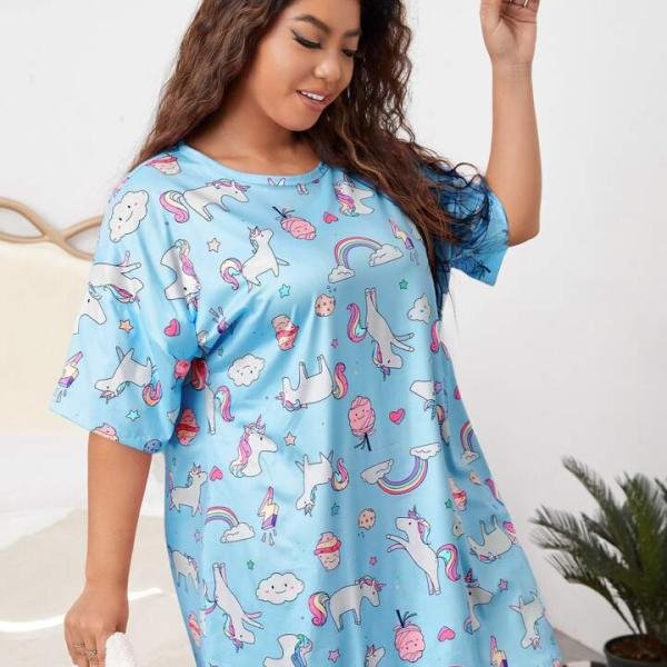 Plus Size Light Blue Sleep Short Nighty for Women