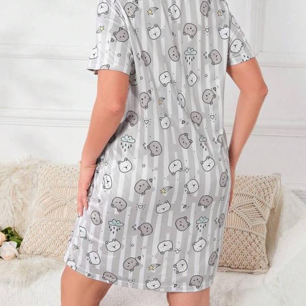 Grey Cute Cartoon Print Short Nighty for Honeymoon