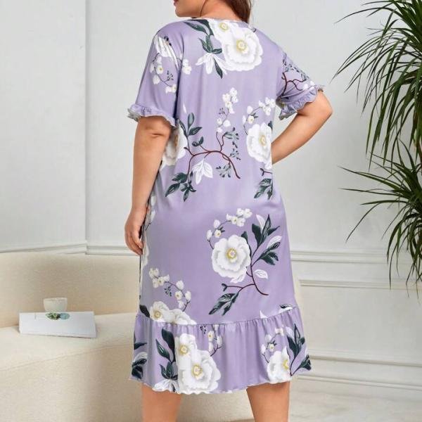 Lavender Floral Print Long Nighty Cotton