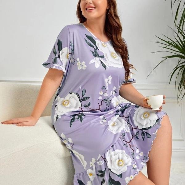 Lavender Floral Print Long Nighty Cotton