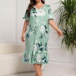Mint Green Floral Print Long Nighty Dress