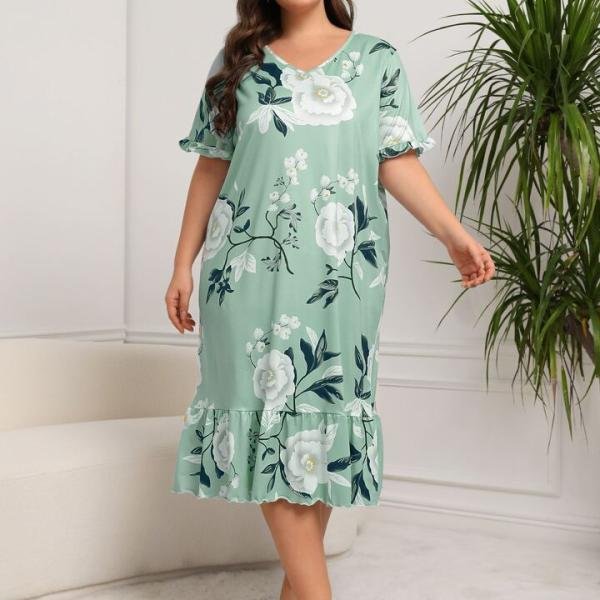 Mint Green Floral Print Long Nighty Dress