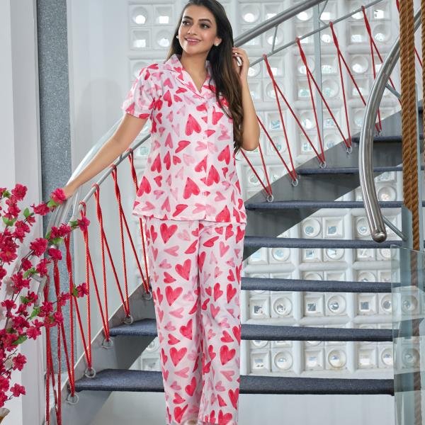 Blush Love Heart Printed Cotton Pajama And Robe Set
