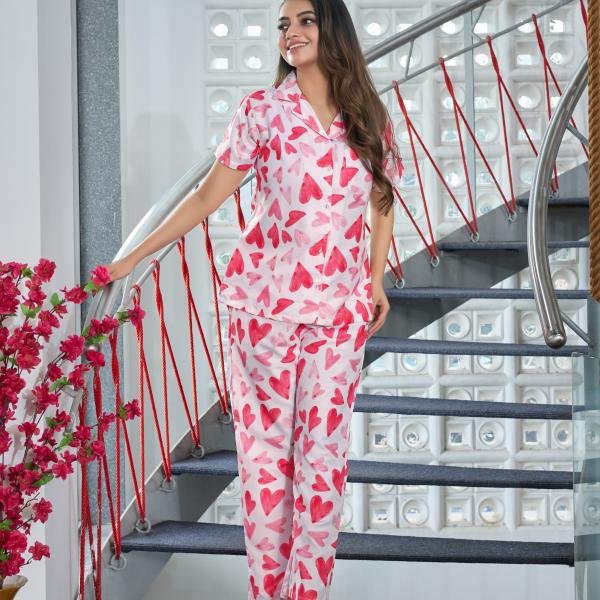 Blush Love Heart Printed Cotton Pajama And Robe Set