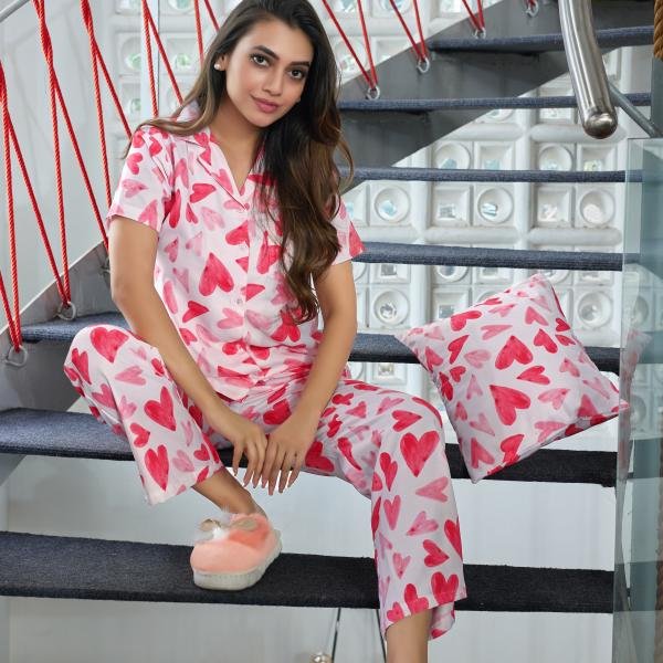Blush Love Heart Printed Cotton Pajama And Robe Set