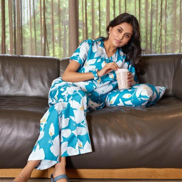 Ocean Bloom Teal Blue Thermal Pyjamas Womens