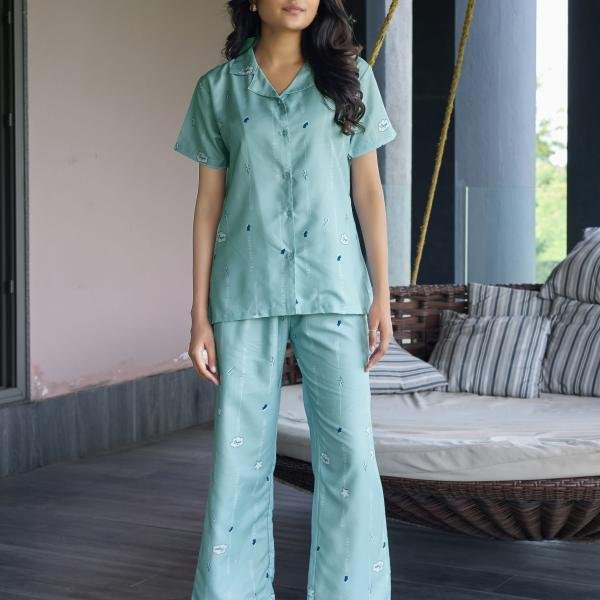 Mint Breeze Pastel Green White Cotton Pyjamas