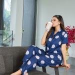 Midnight Navy Polka Dot Velour Pyjamas Womens