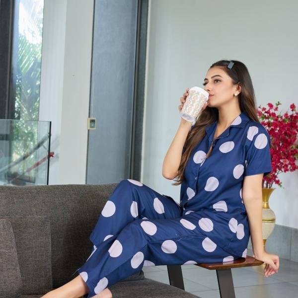 Midnight Navy Polka Dot Velour Pyjamas Womens