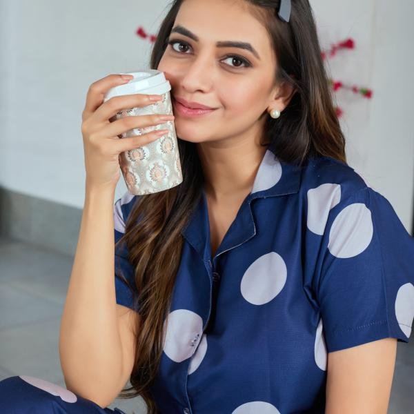 Midnight Navy Polka Dot Velour Pyjamas Womens