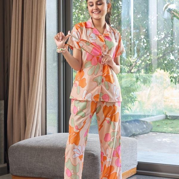 Peach Bloom Abstract Lounging Pyjamas