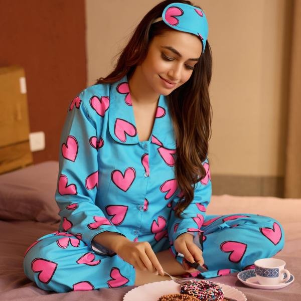 LovePop Aqua Blue Heart Print Beige Pajamas