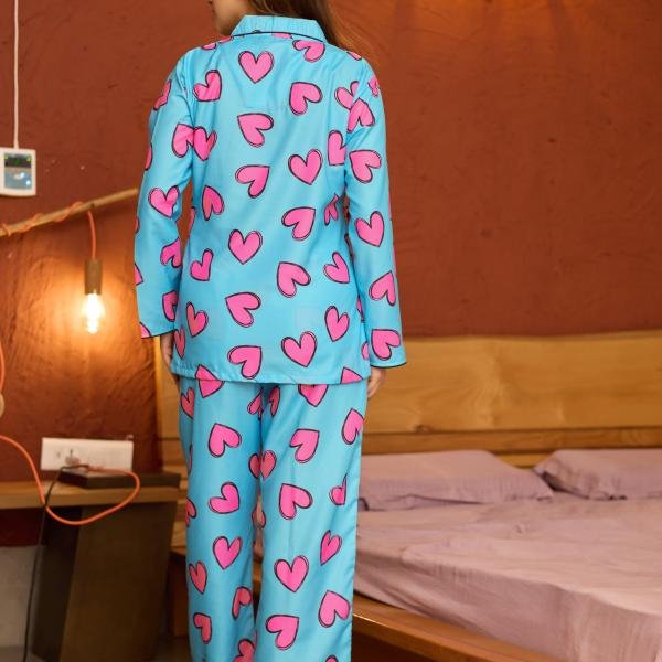LovePop Aqua Blue Heart Print Beige Pajamas