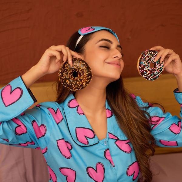 LovePop Aqua Blue Heart Print Beige Pajamas