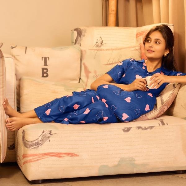 Navy Blue Heart Print Silk Pajamas Black