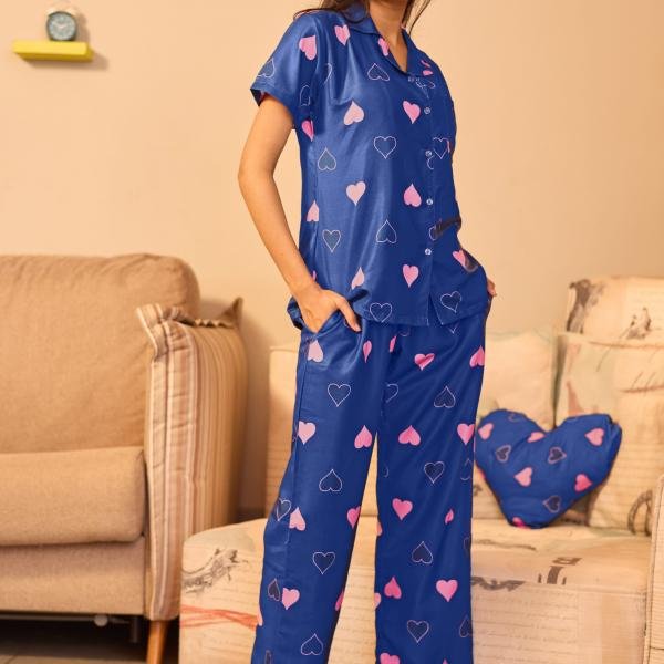 Navy Blue Heart Print Silk Pajamas Black