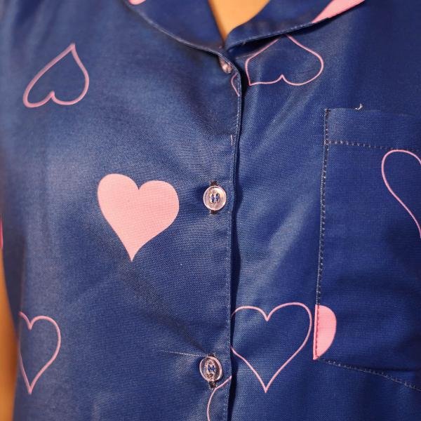 Navy Blue Heart Print Silk Pajamas Black