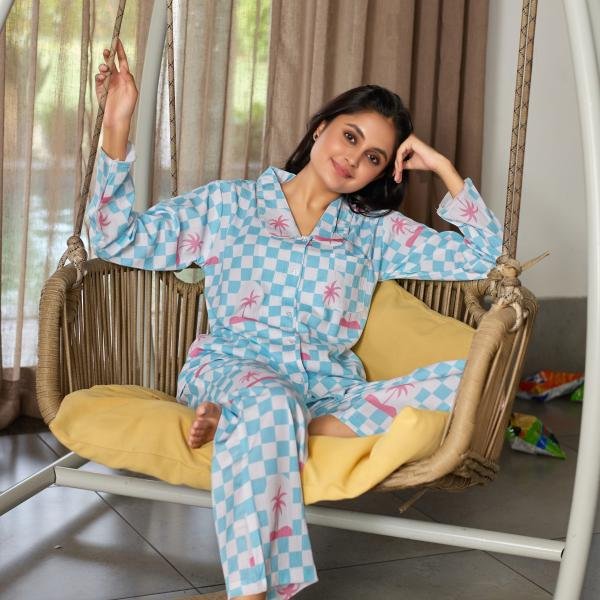 Lazy Club Sky Blue White Checkered Floral Pyjama Set