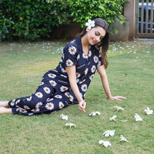 Lazy Club Black Sunflower Print Cotton Pj Short Set