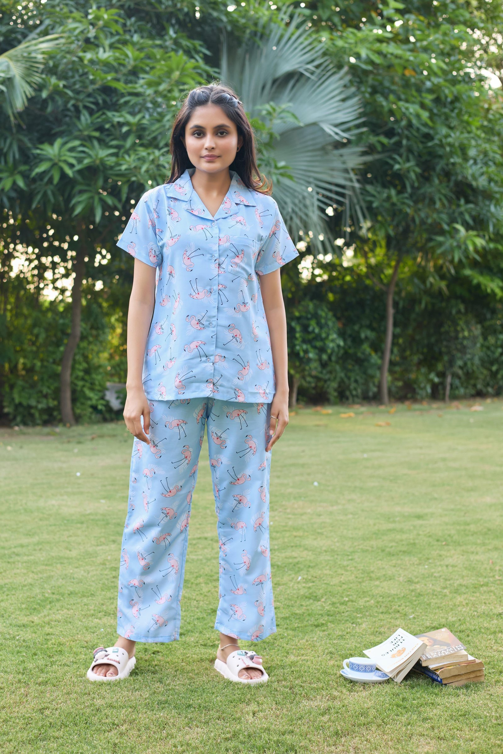 Lazy Club Sky Blue Flamingo Floral Pajama Set