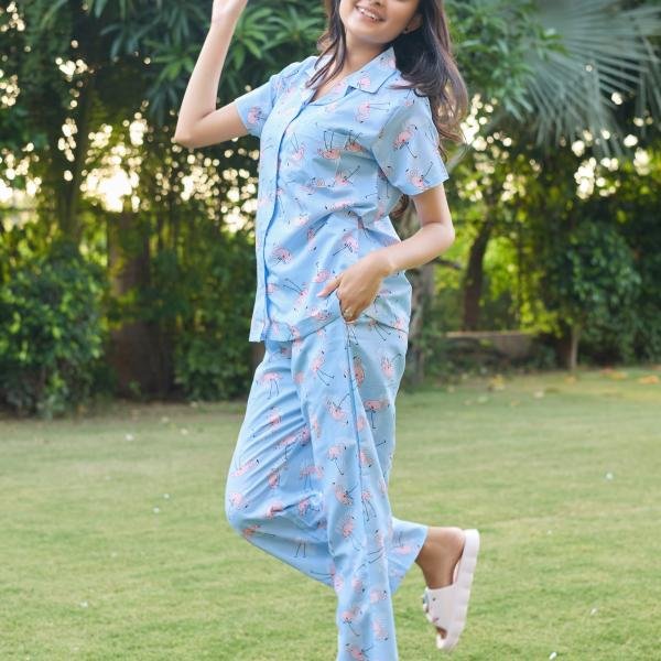 Lazy Club Sky Blue Flamingo Floral Pajama Set