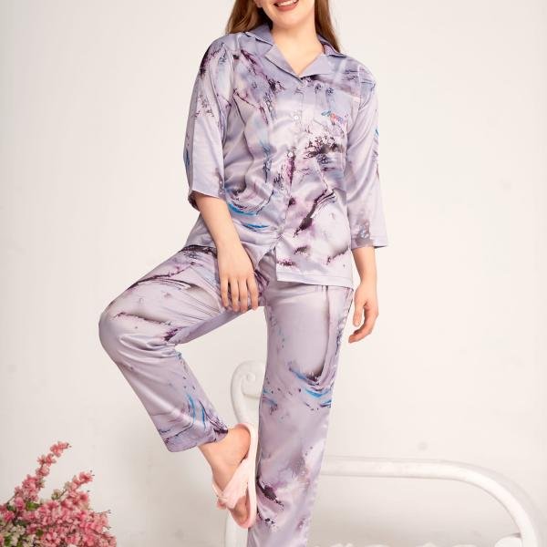 Lavender Mist Marble Print Kaftan Pyjama Set
