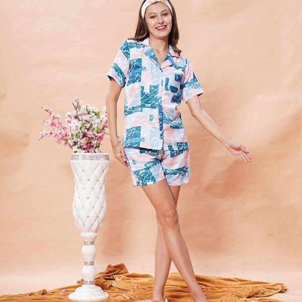 Blue & Pink Abstract Printed Night Suit