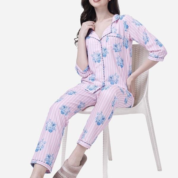 Button-Down Shirt Style Crop Top And Pants Pajama Set