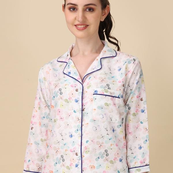 Shirt Style Top with Full Length Satin Pyjama Set