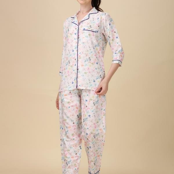 Shirt Style Top with Full Length Satin Pyjama Set