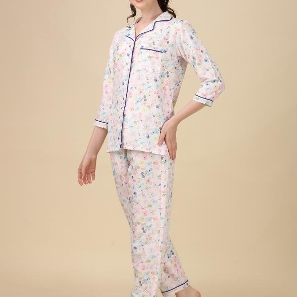 Shirt Style Top with Full Length Satin Pyjama Set