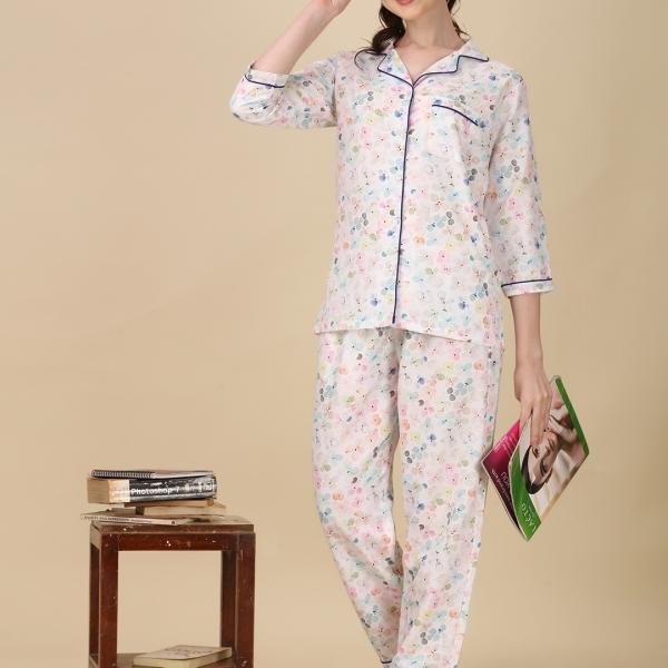 Shirt Style Top with Full Length Satin Pyjama Set