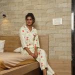 Cream Yellow Floral Print Beige Pajama Set