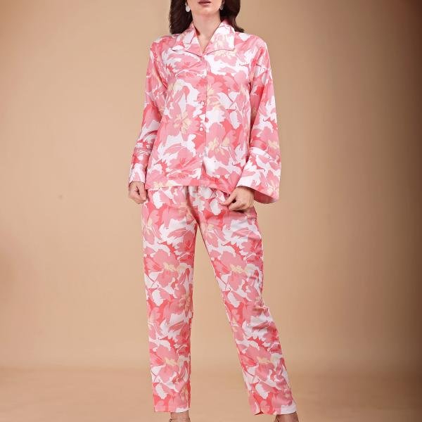 Pink Coral Floral Animal Print Silk Pajamas