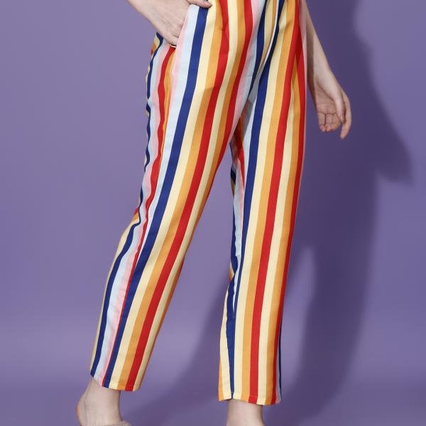 Multicolor Vertical Stripe Brown Pajama Set