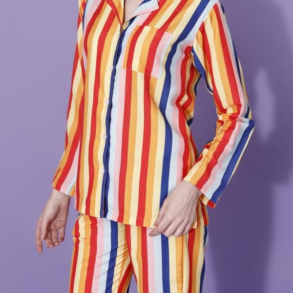 Multicolor Vertical Stripe Brown Pajama Set
